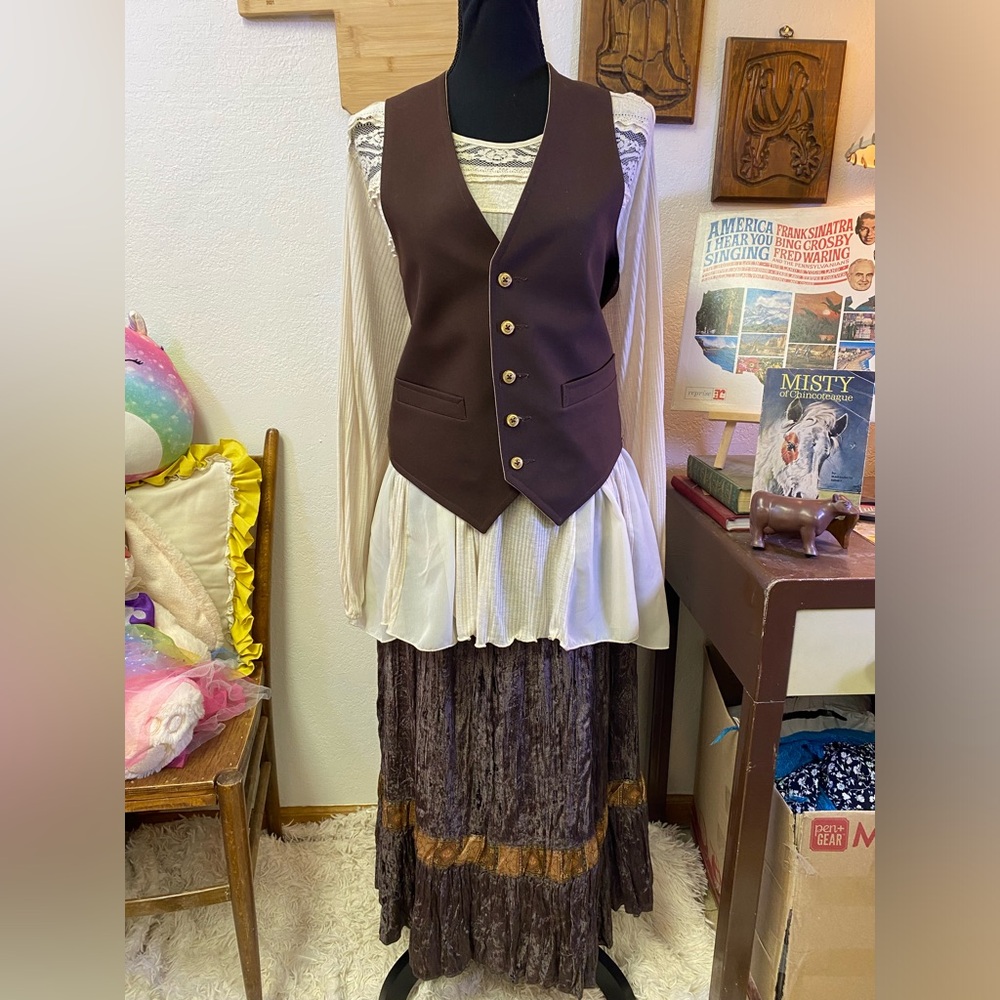 Curated Outfit Brown Boho Chic Western Midi Crinkle Velour Skirt 10P Vest + Top - Picture 2 of 16